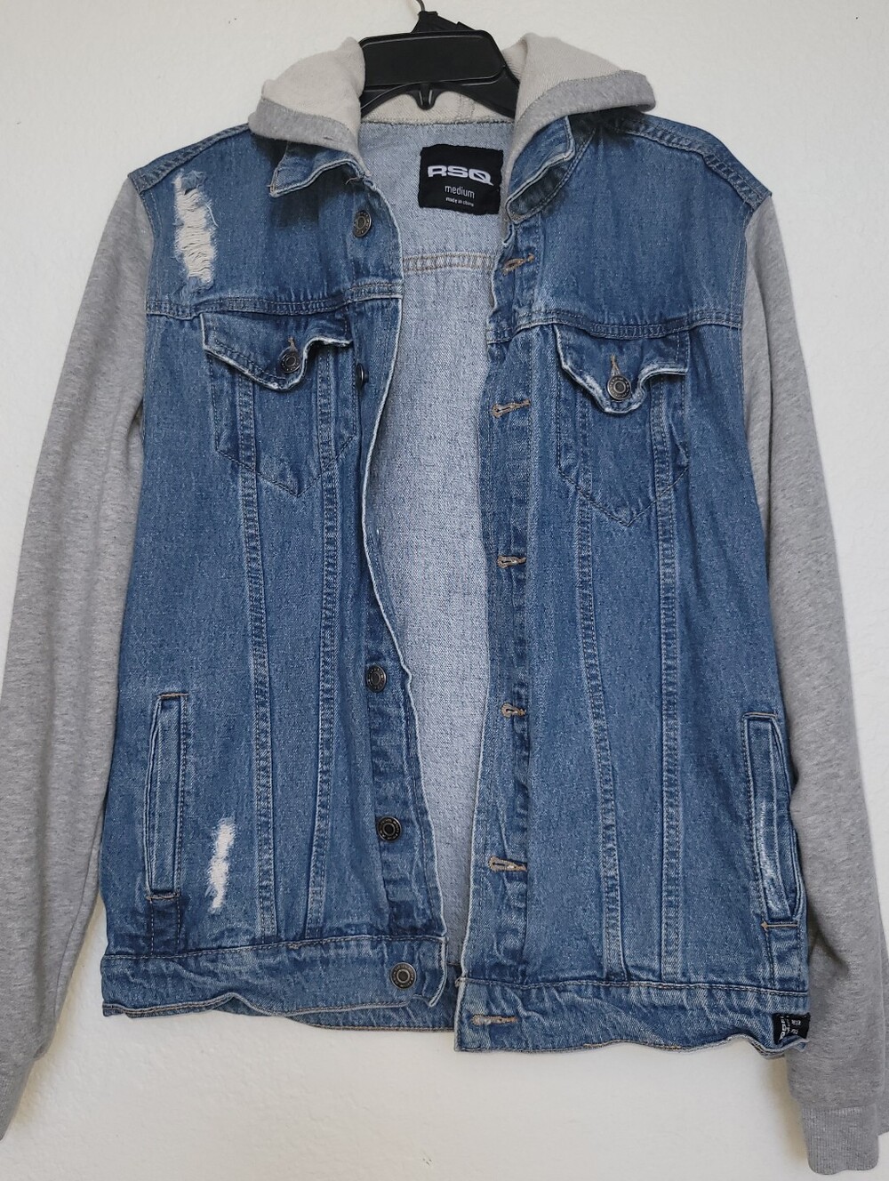 RSQ Men’s Blue Denim Hooded Jacket with Gray Sleeves